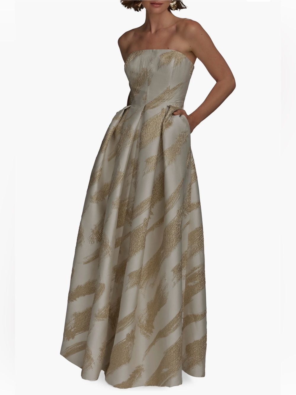 Donna Karan Cream and Gold Strapless Evening Gown
